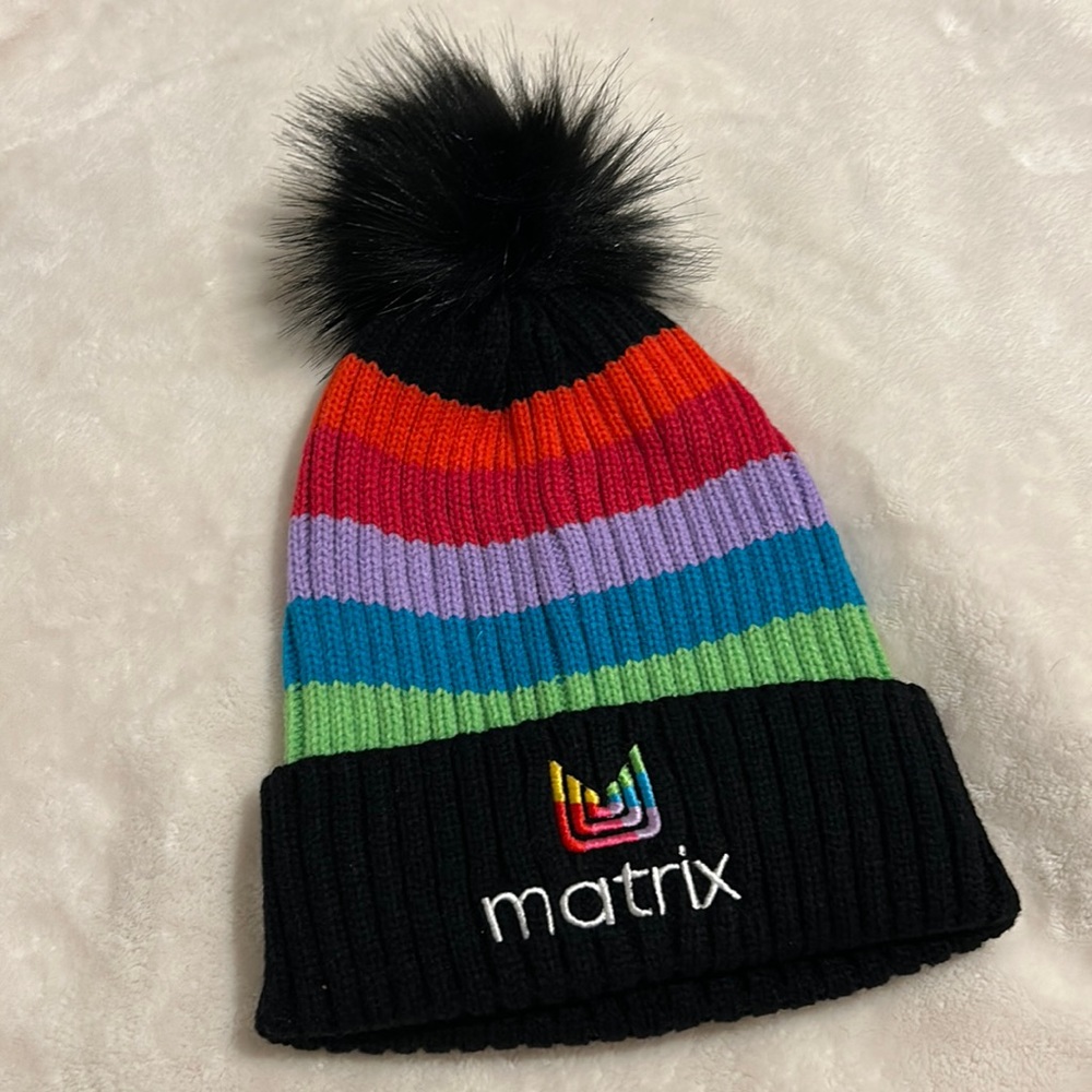 Matrix Beanie Knit Winter Pom Pom Hat NEW! Black multi stripe